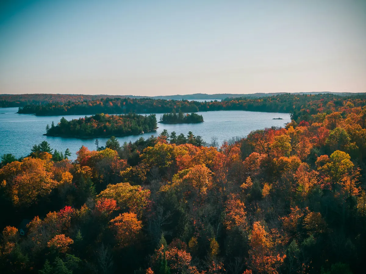 Aerial view of the Thousand Islands archipelago on the St. Lawrence River in autumn