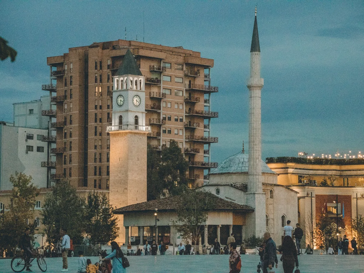 Tirana's Clock Tower and Et'hem Bey Mosque at Skanderbeg Square