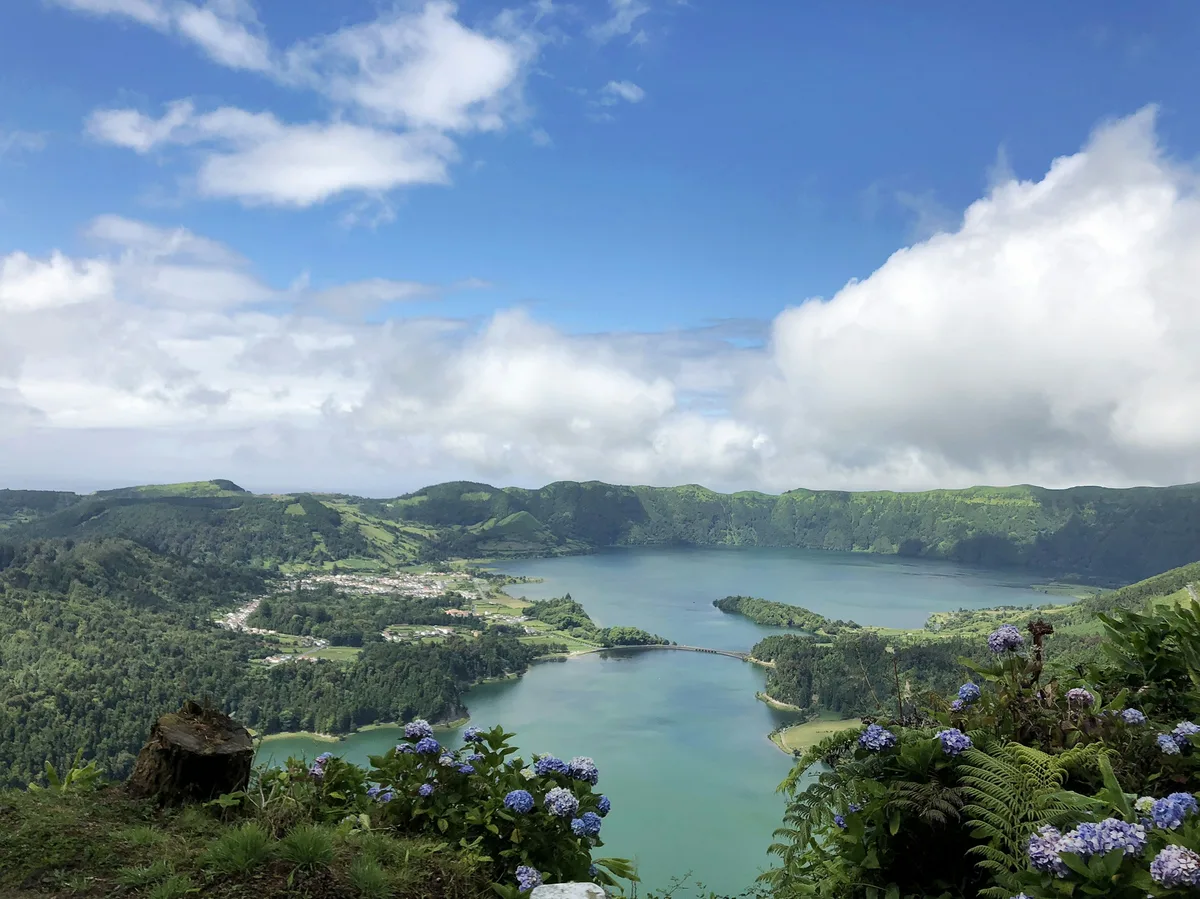 Aerial view of the twin crater lakes at Sete Cidades, São Miguel, Azores