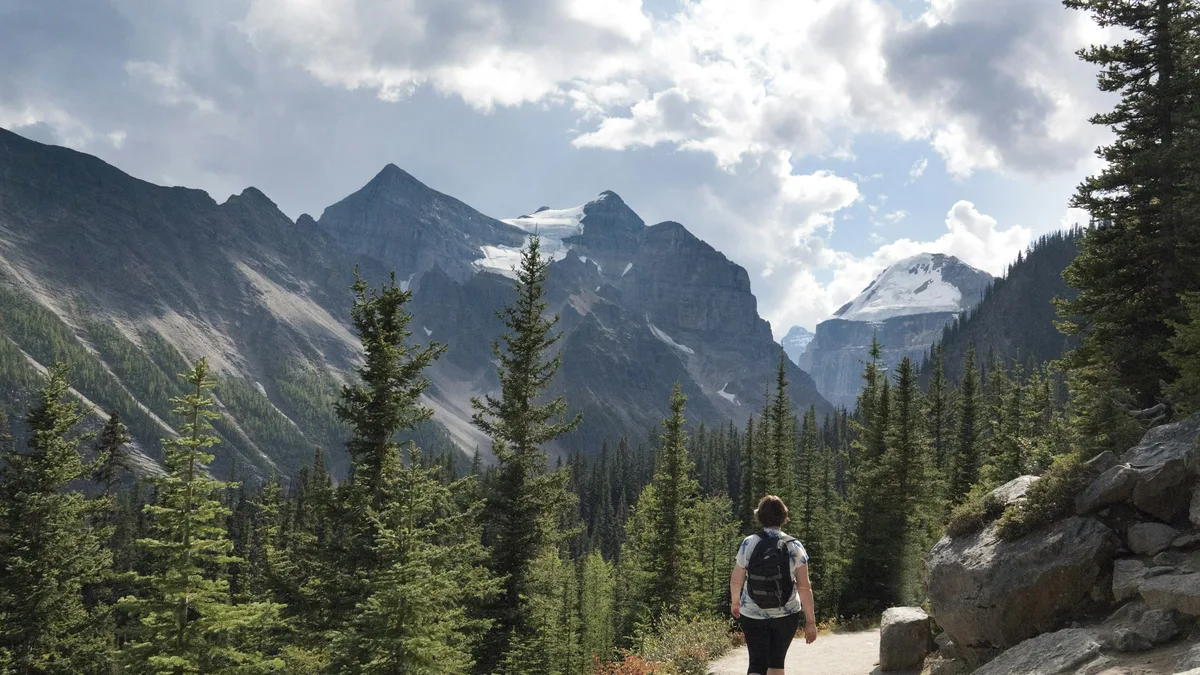 A hiker on a mountain trail through an alpine valley lined with evergreen trees, Canadian Rockies
