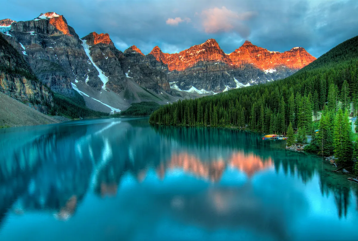 Moraine Lake's turquoise water beneath the Valley of the Ten Peaks, Banff National Park