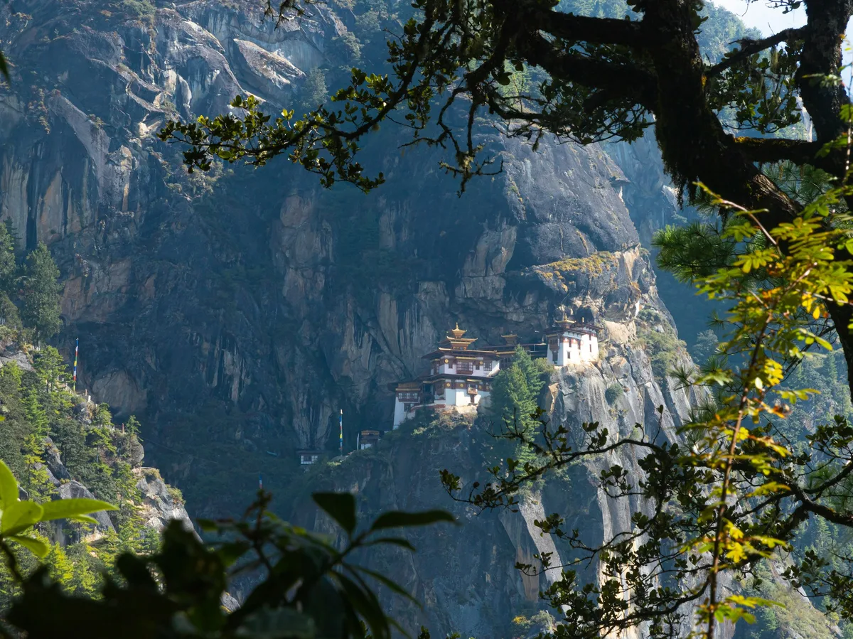 Taktsang, the Tiger's Nest Monastery, clinging to a cliff face above Paro valley, Bhutan