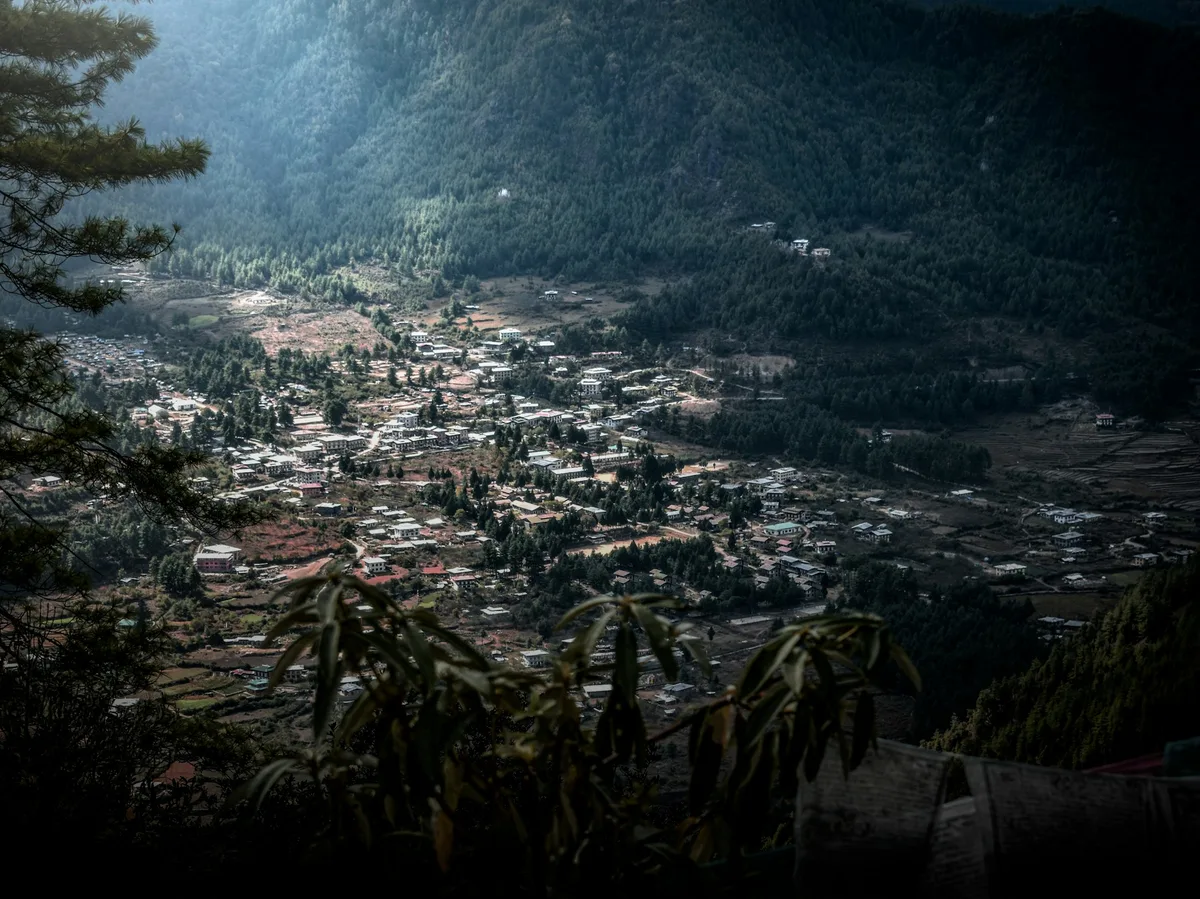View of a mountain village along the Tiger's Nest trail in Paro, Bhutan
