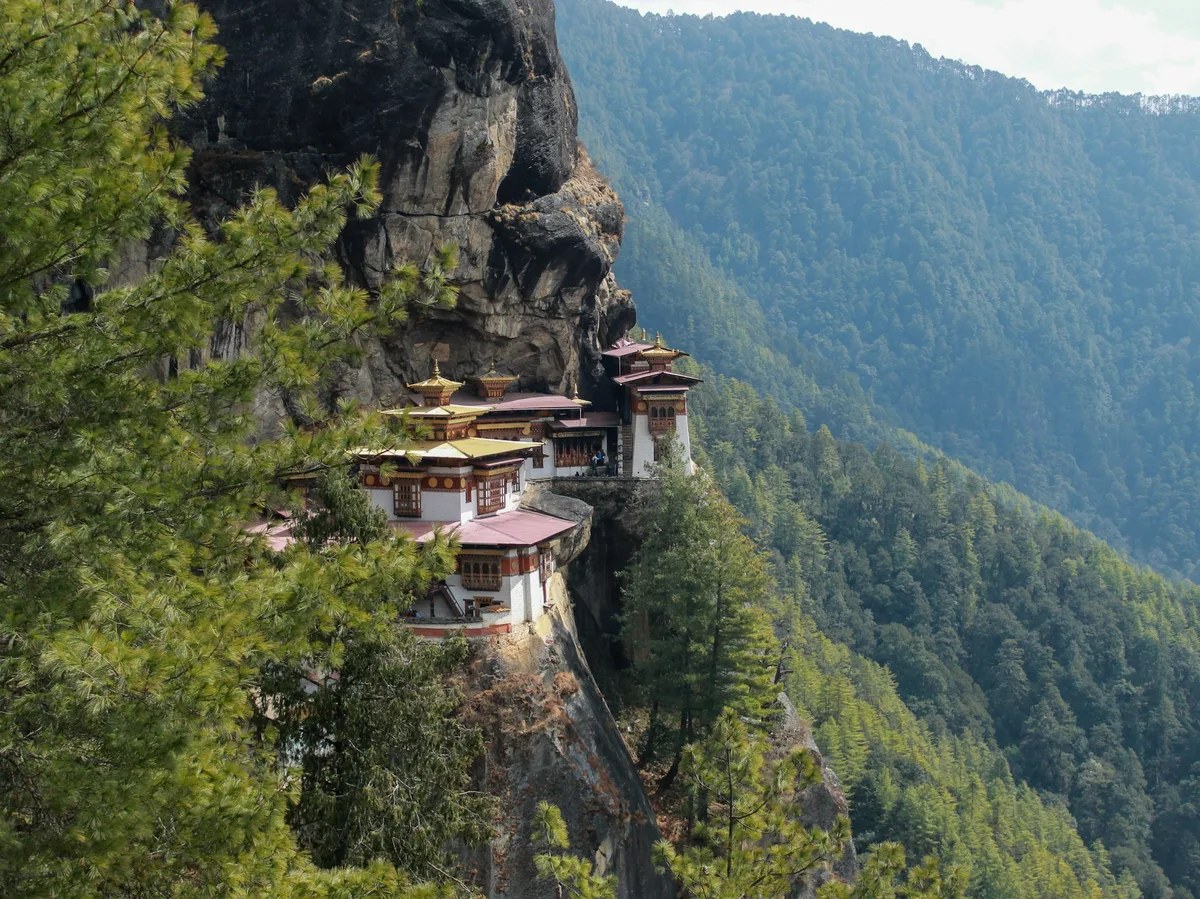 Tiger's Nest Monastery perched on a cliffside above Paro valley, Bhutan