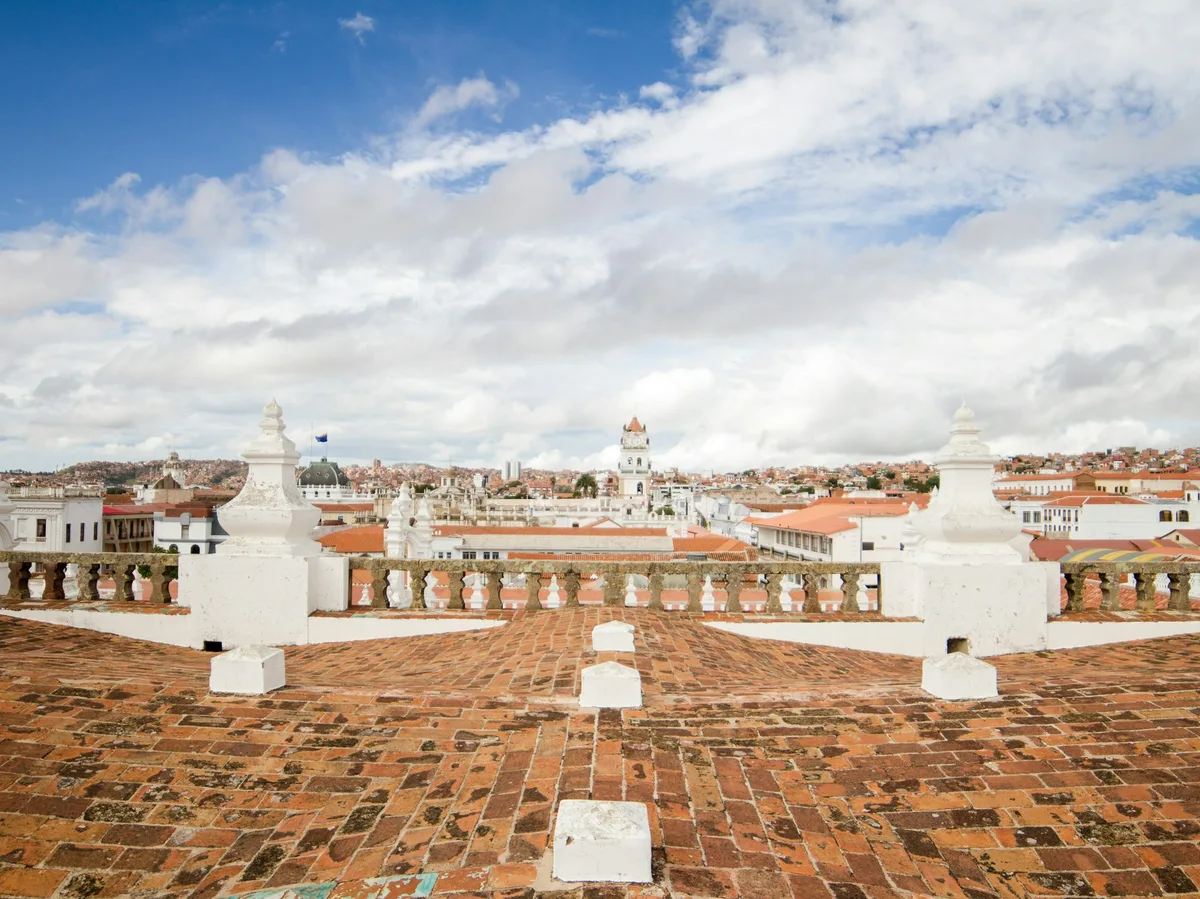 Rooftop view over the white domed churches of Sucre, Bolivia