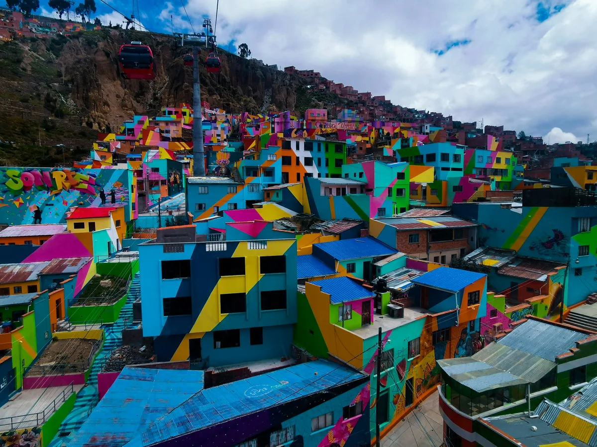 Colorful buildings lining a hillside street in La Paz, Bolivia