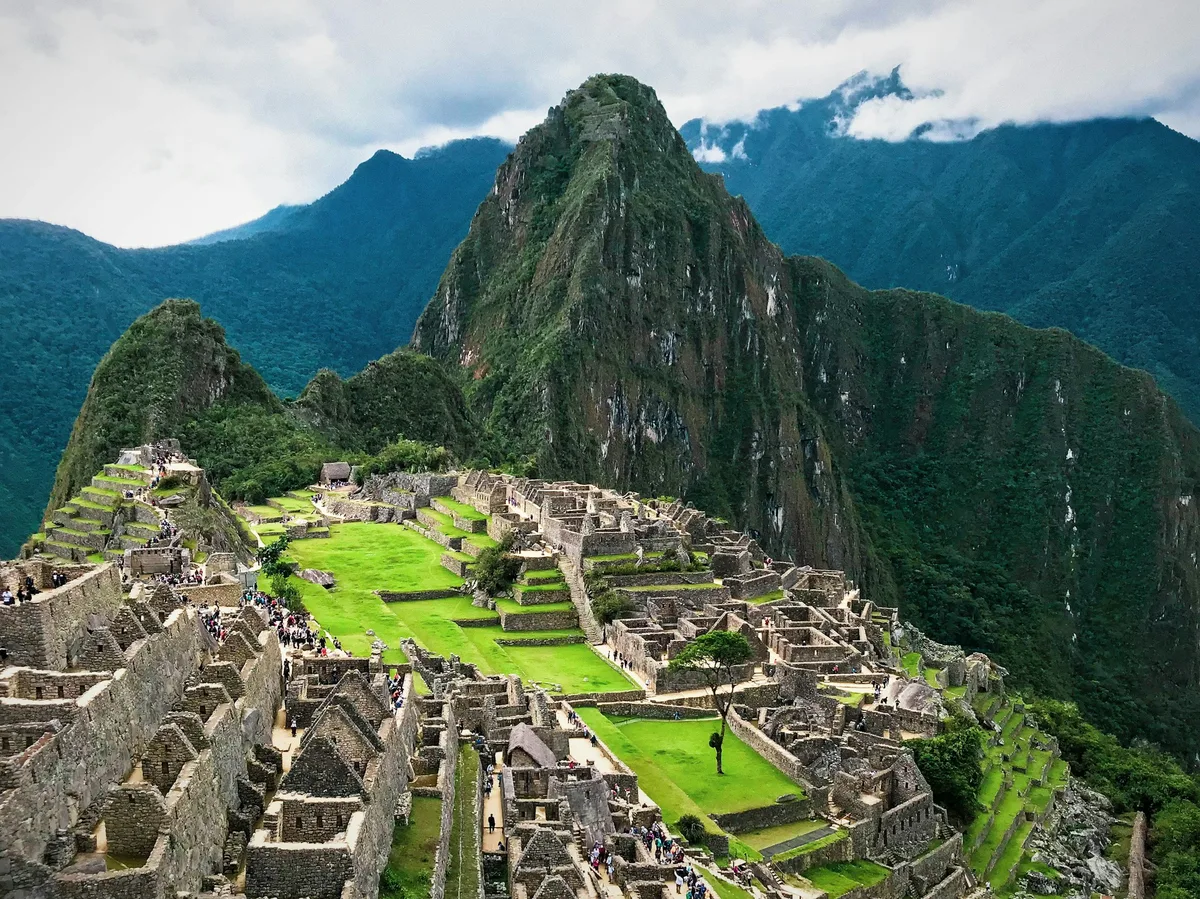 The stone terraces and ruins of Machu Picchu in the Peruvian Andes