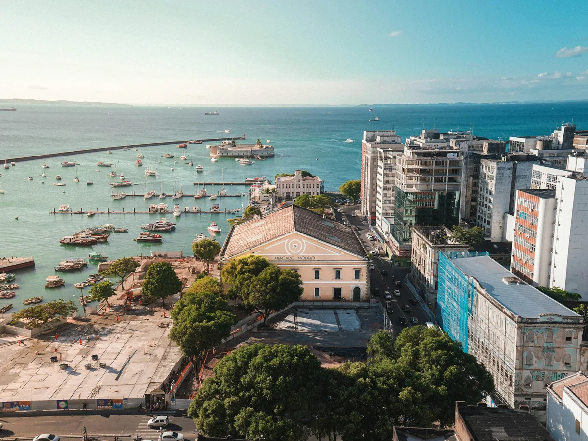 Aerial view of Salvador's colonial waterfront buildings