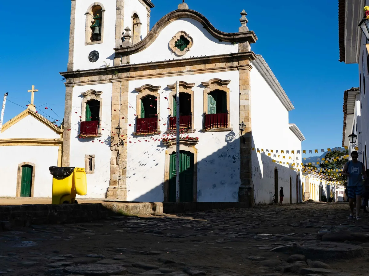 A colonial church on a cobblestone street in Paraty