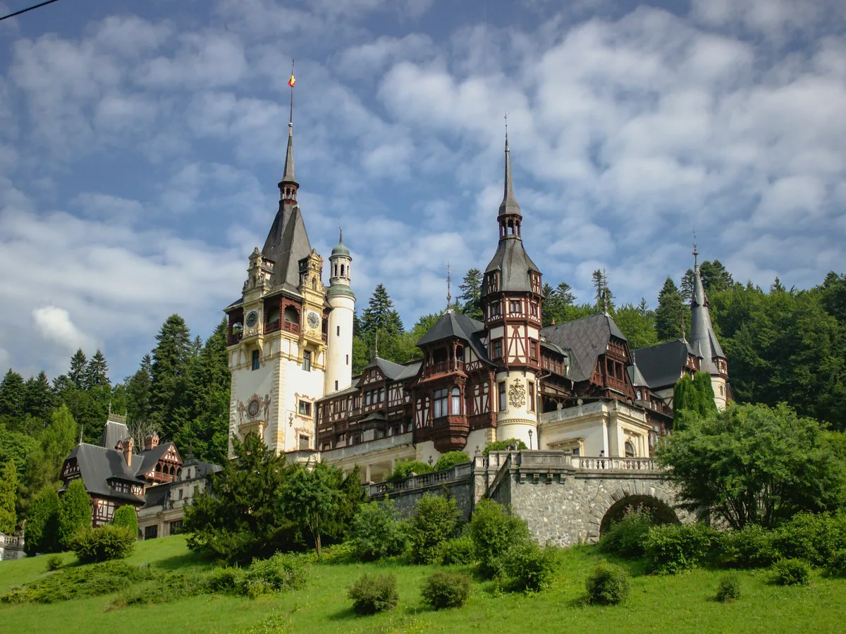 Bran Castle in Transylvania, Romania, rising above the surrounding hills