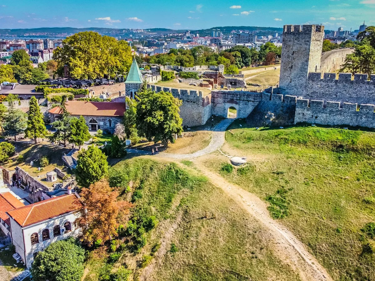 Aerial view of Kalemegdan Fortress overlooking the rivers of Belgrade, Serbia