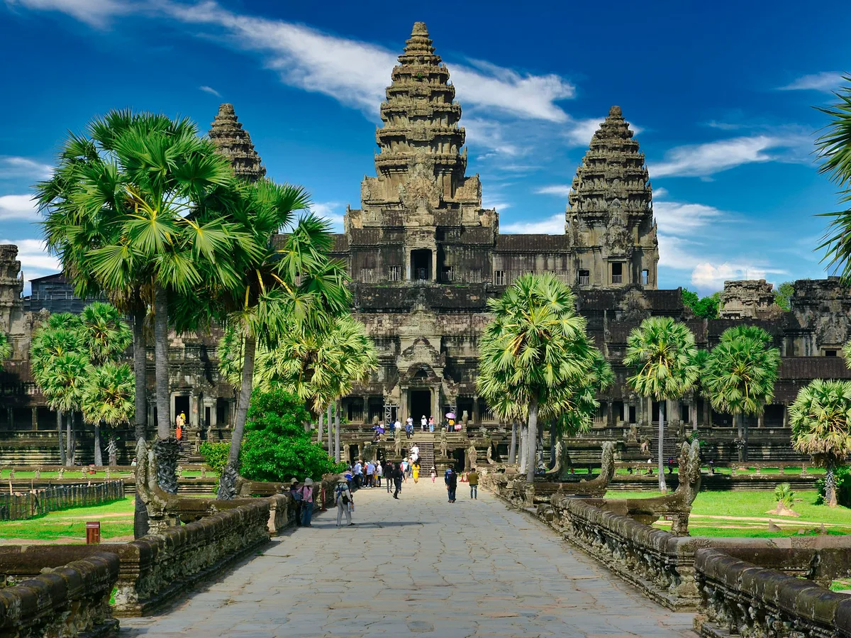 Sunrise over the towers of Angkor Wat temple near Siem Reap, Cambodia
