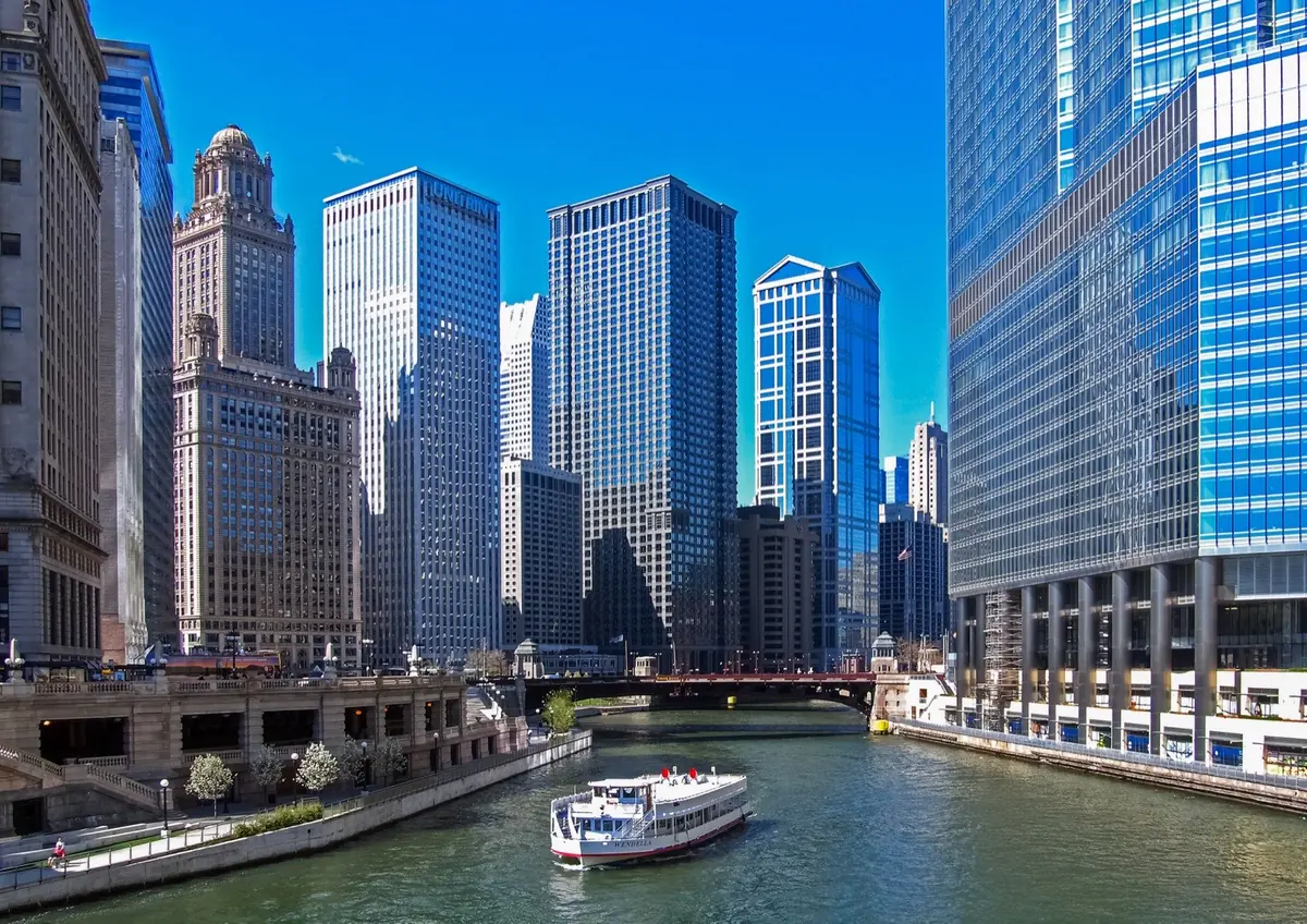 The Chicago River and skyline on a sunny day