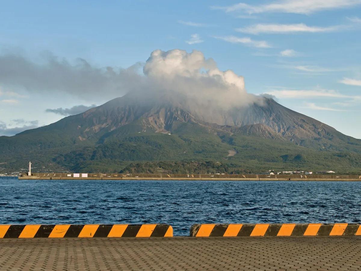 Snow-capped Villarrica volcano rising above Lake Villarrica near Pucón, Chile