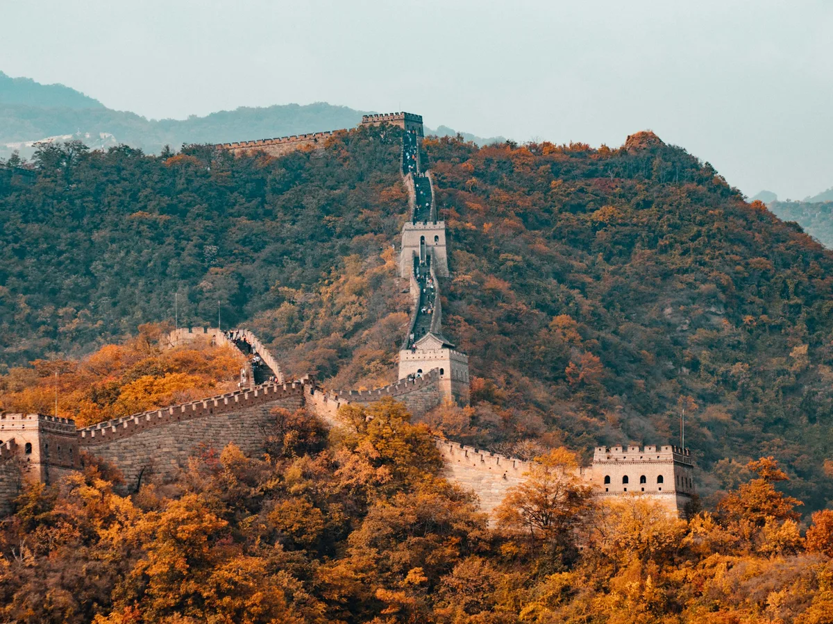 The Great Wall of China snaking along a mountain ridge near Beijing