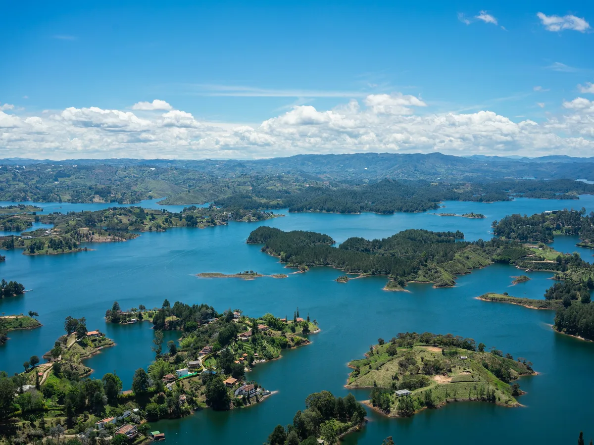 The Guatapé reservoir dotted with small green islands, seen from Piedra del Peñol