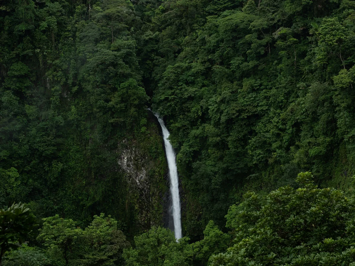 La Fortuna Waterfall cascading through the rainforest near Arenal Volcano, Costa Rica