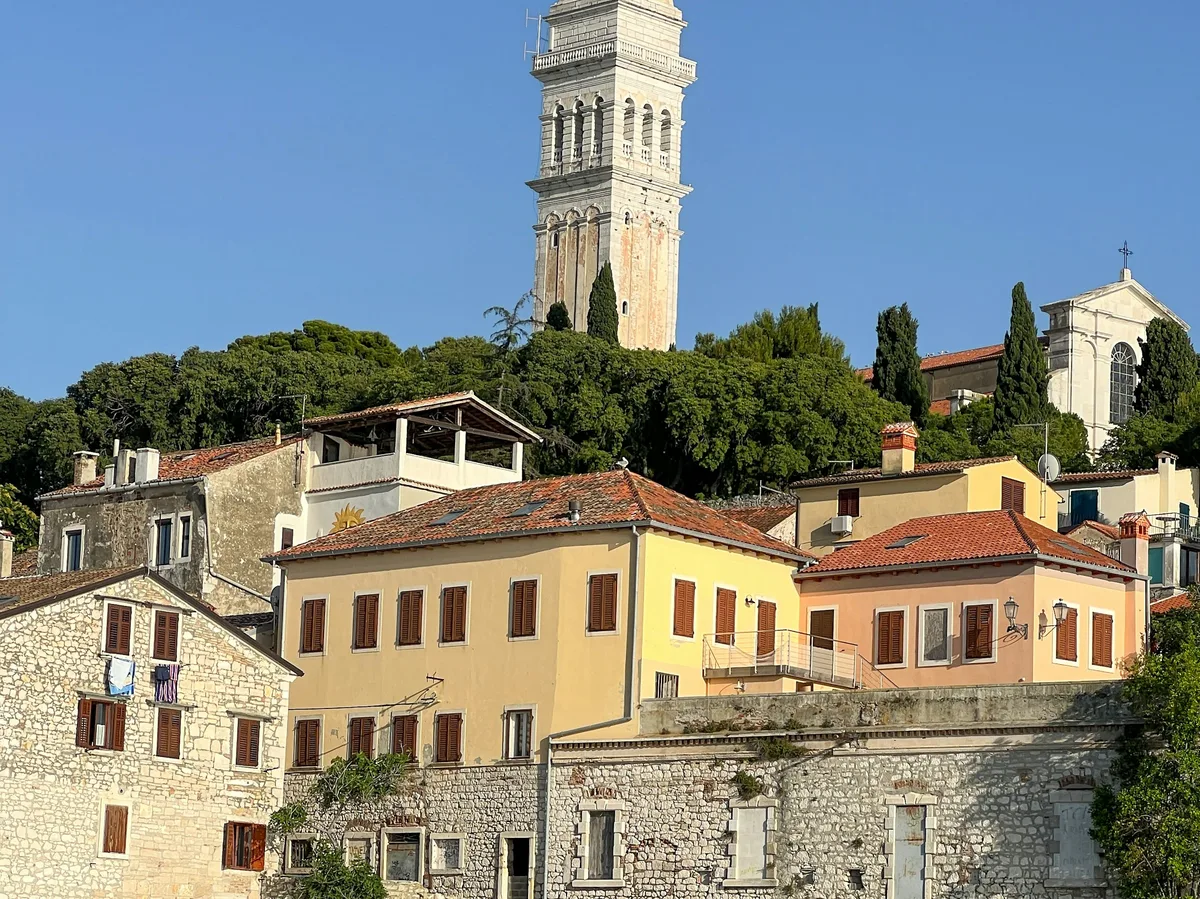 The bell tower and waterfront buildings of Rovinj on Croatia's Istrian peninsula
