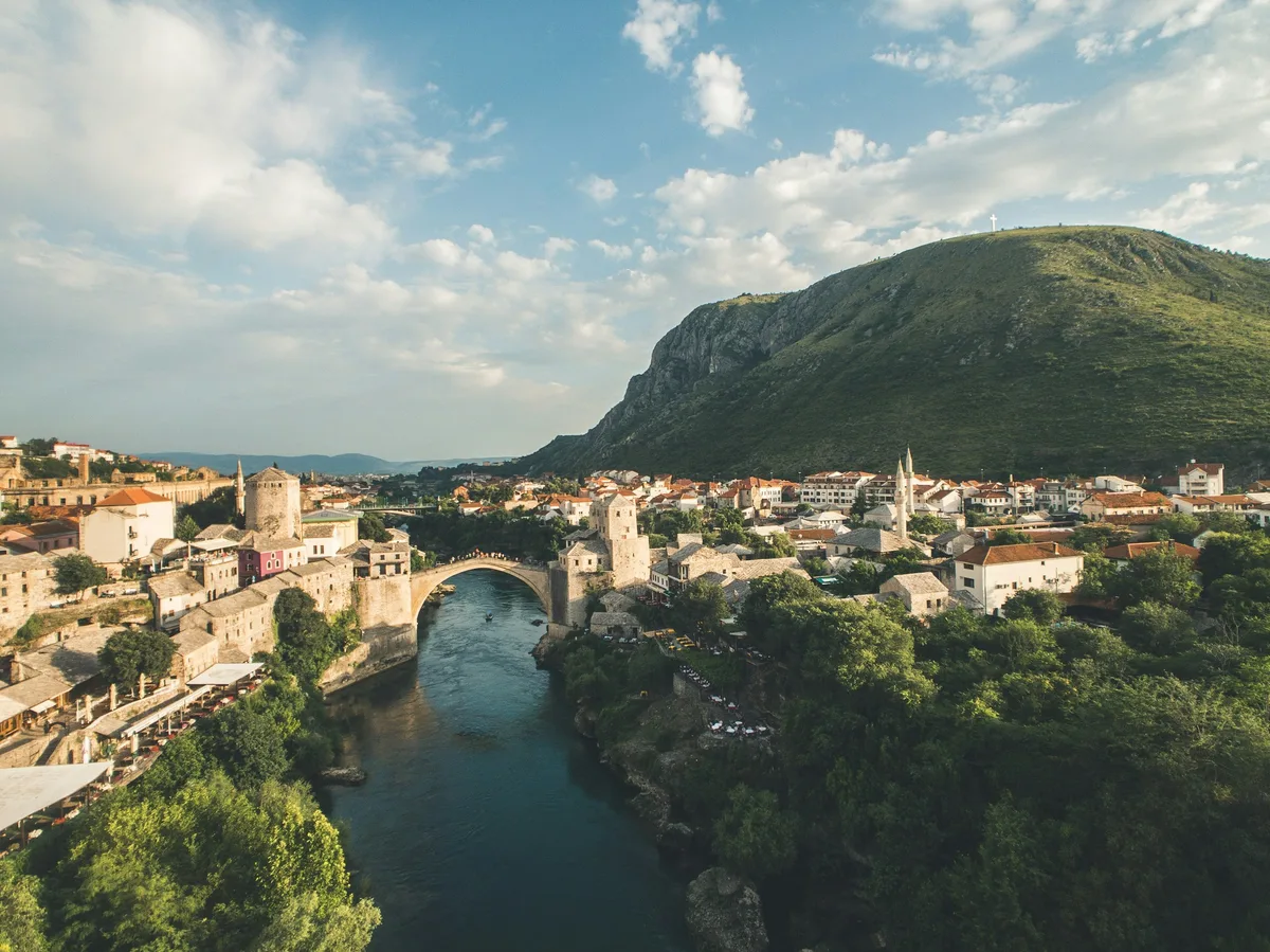 The historic Old Bridge (Stari Most) arching over the river in Mostar, Bosnia and Herzegovina