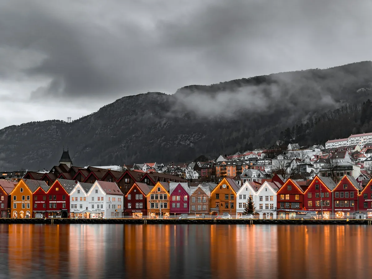 Colorful wooden houses along the waterfront in Bergen, Norway