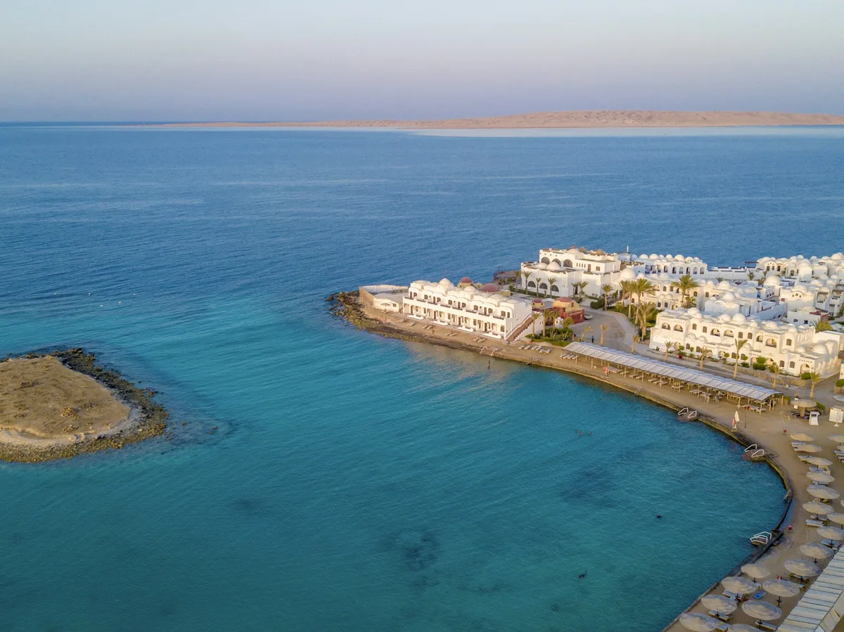 Aerial view of a Red Sea beach resort near Hurghada, Egypt