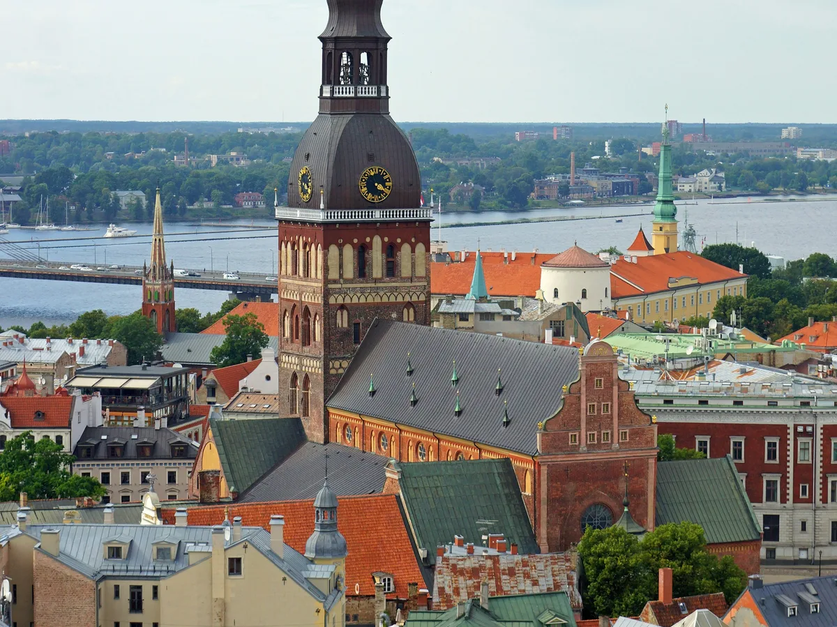The historic skyline of Riga's Old Town in Latvia