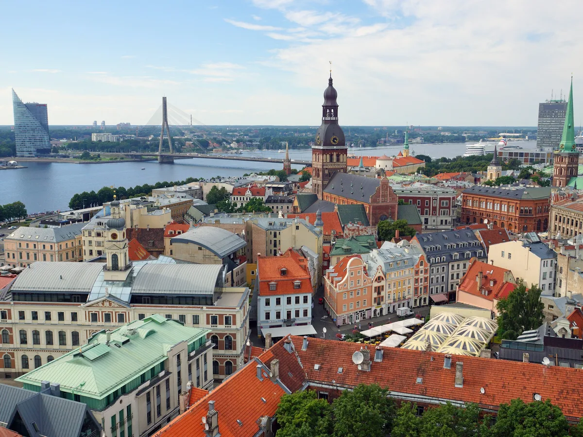 The Old Town skyline of Vilnius, Lithuania, with red-tiled rooftops