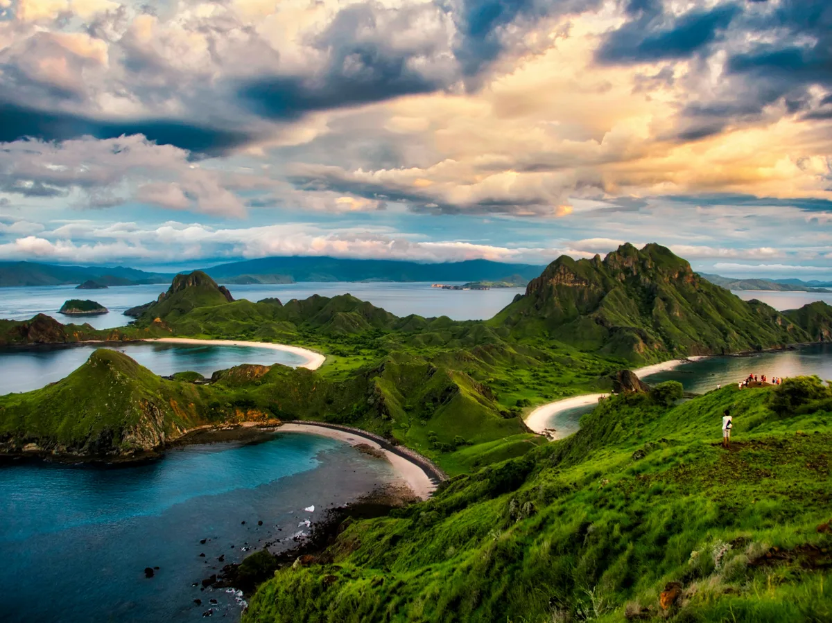 Panoramic viewpoint over Komodo National Park's turquoise bays from Padar Island