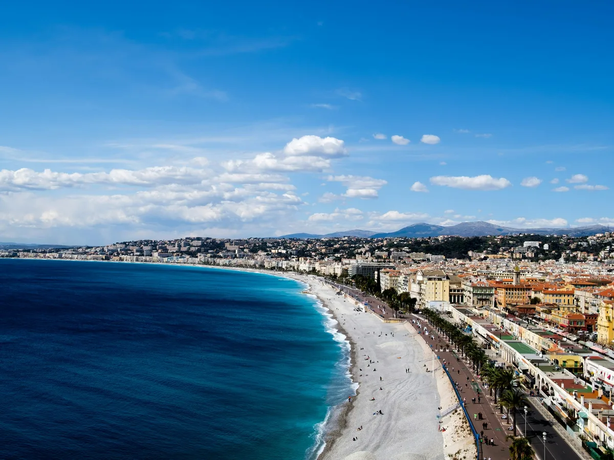 Aerial view of the Promenade des Anglais and the beach in Nice, France