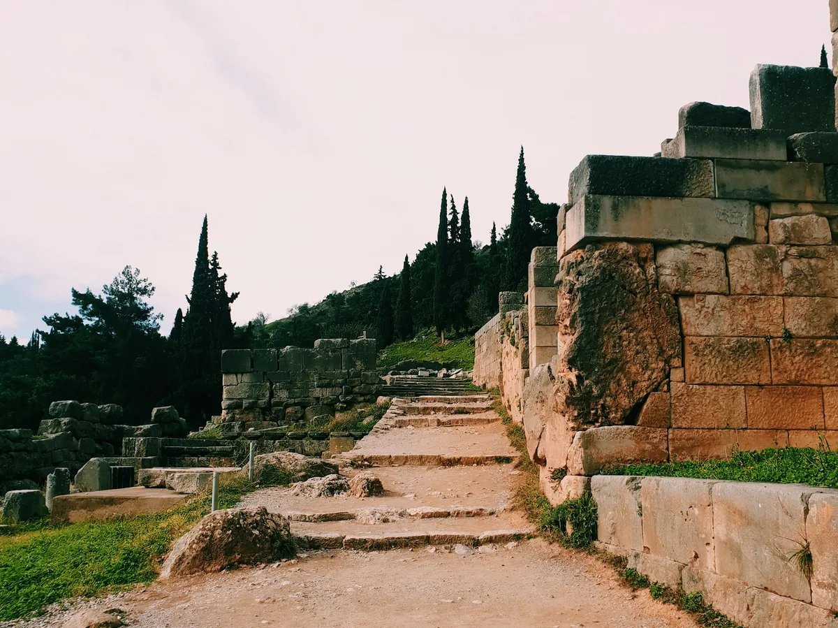 Ancient stone steps at the archaeological site of Delphi, Greece