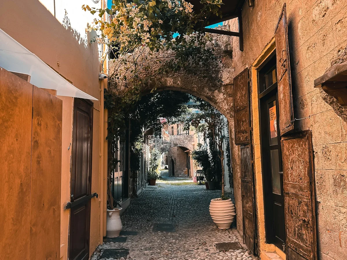 A narrow lane in the medieval Old Town of Rhodes, Greece