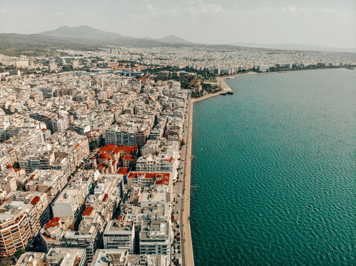 Aerial view of Thessaloniki's waterfront on the Thermaic Gulf, Greece