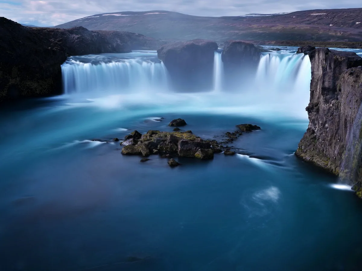 Godafoss waterfall, the 'Waterfall of the Gods,' cascading through rugged lava rock in North Iceland