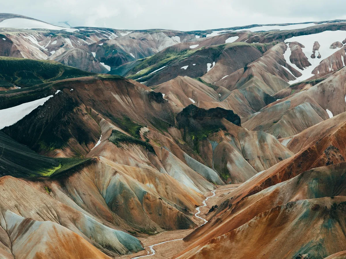 Colorful rhyolite mountains and hiking trails at Landmannalaugar in the Icelandic Highlands