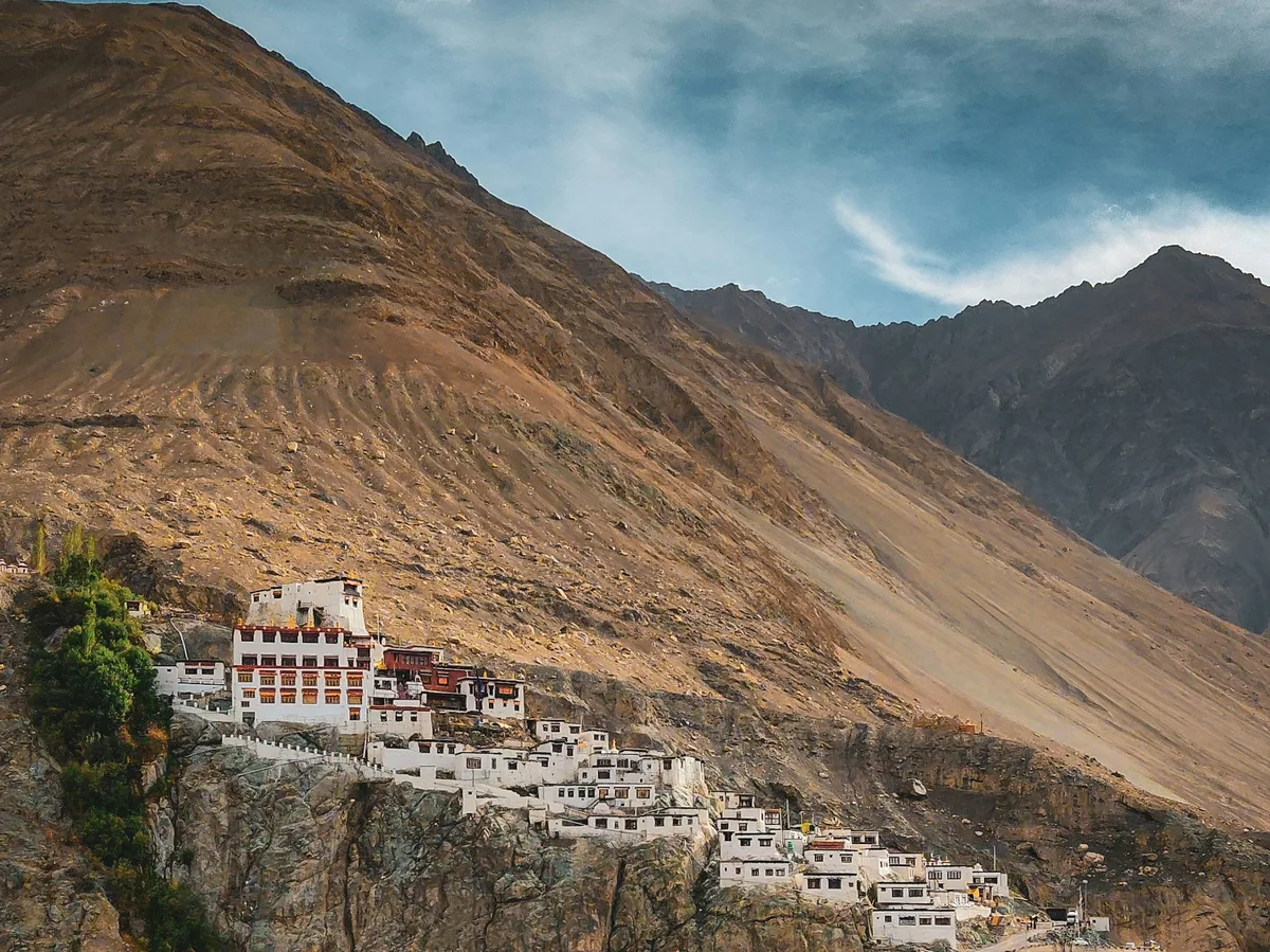 A Buddhist monastery built into a mountainside in Ladakh
