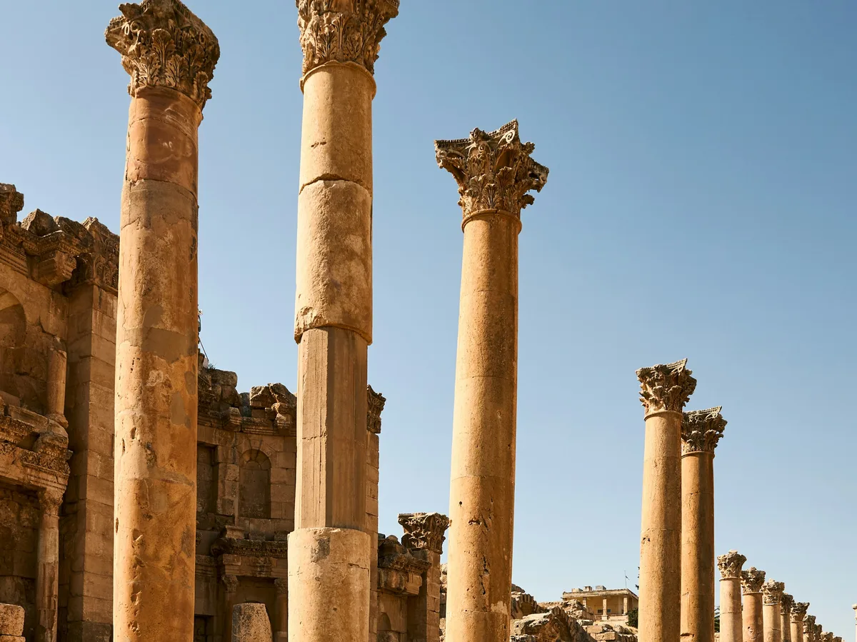 The colonnaded ruins of the ancient Roman city of Jerash, Jordan