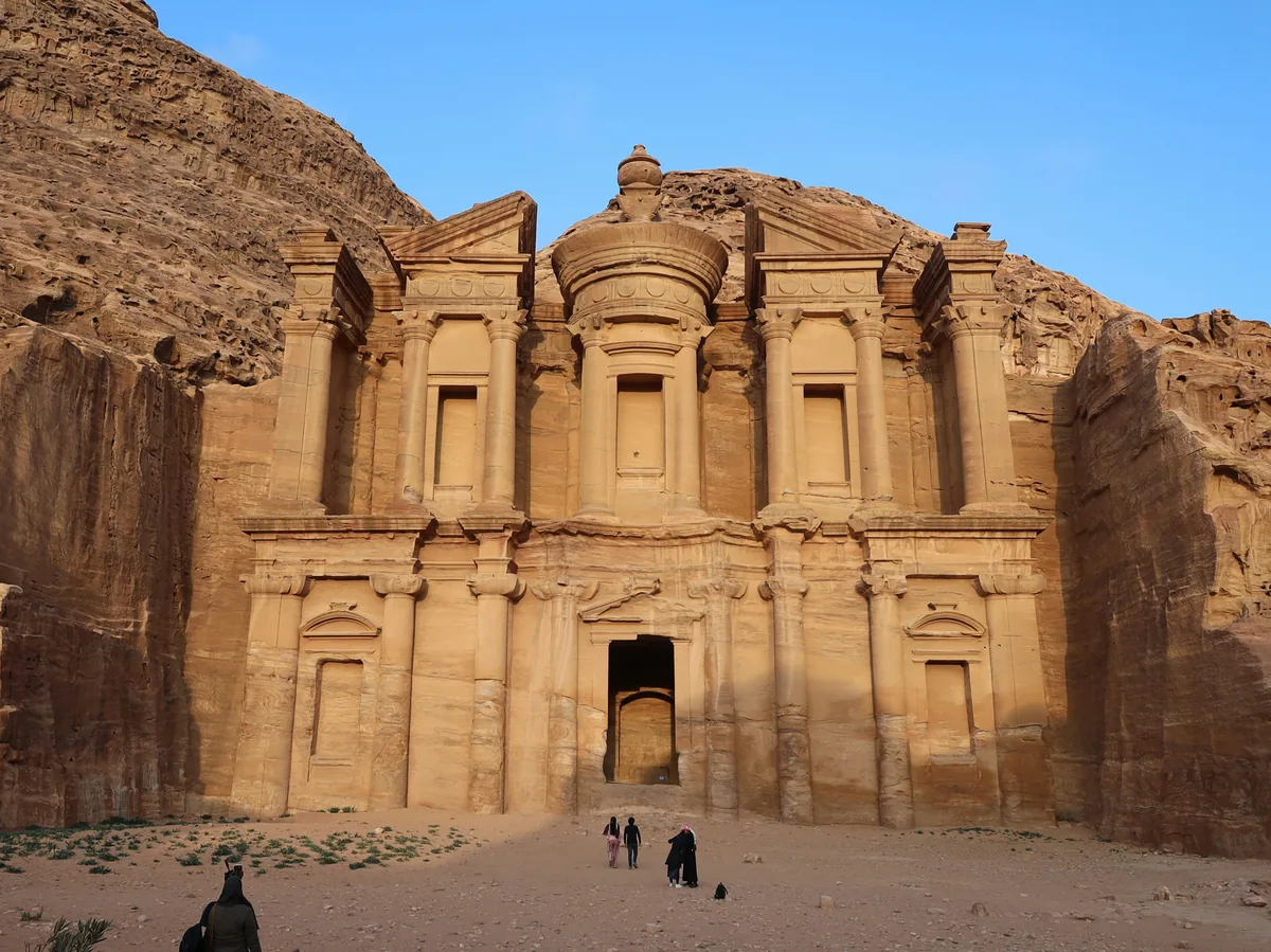 Ancient monastery of Petra carved into the sandstone cliffs, Jordan