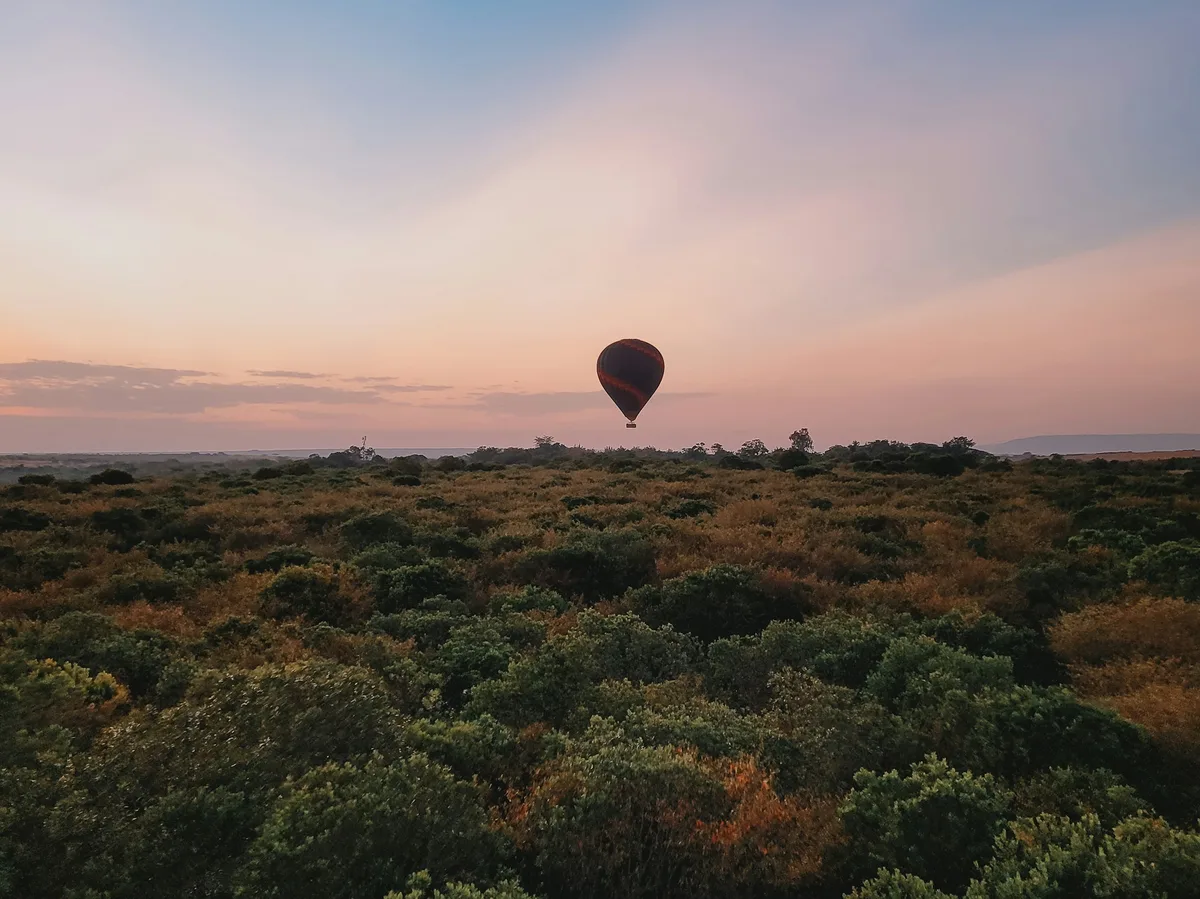 A hot air balloon over the Masai Mara plains at sunrise, Kenya