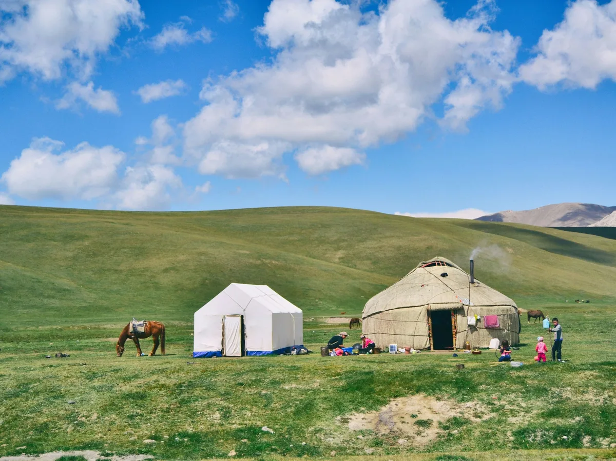 A traditional yurt camp on the shore of Song-Kul Lake, Kyrgyzstan