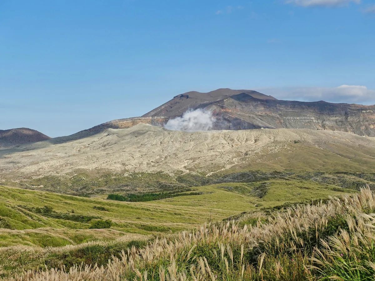 Steam rising from the crater of Mount Aso, Japan's largest active volcano, in Kyushu
