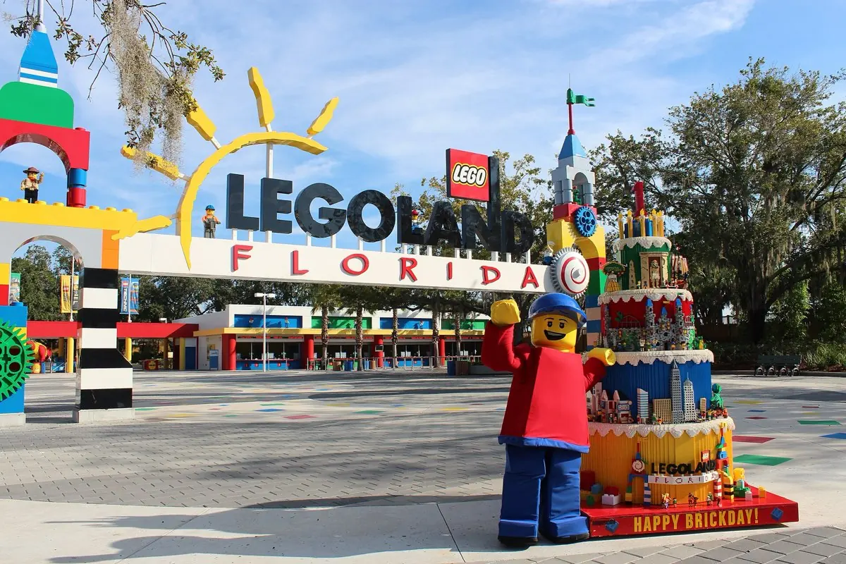 Colourful LEGO brick sculptures at a theme park