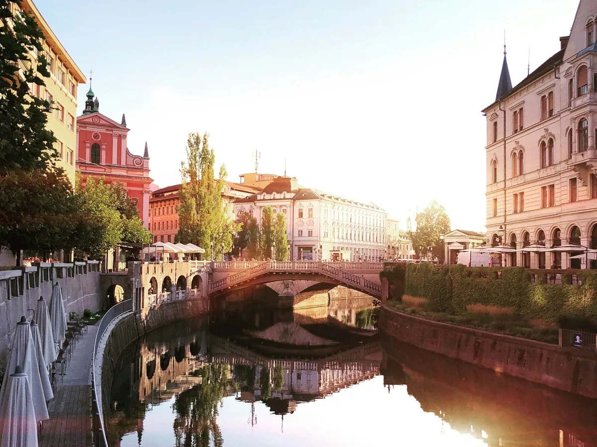 Ljubljana's riverside old town at dusk, Slovenia