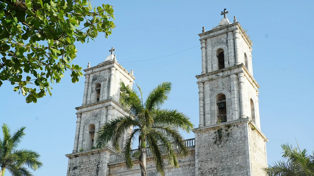 The white colonial cathedral towers of Valladolid, Yucatan, Mexico