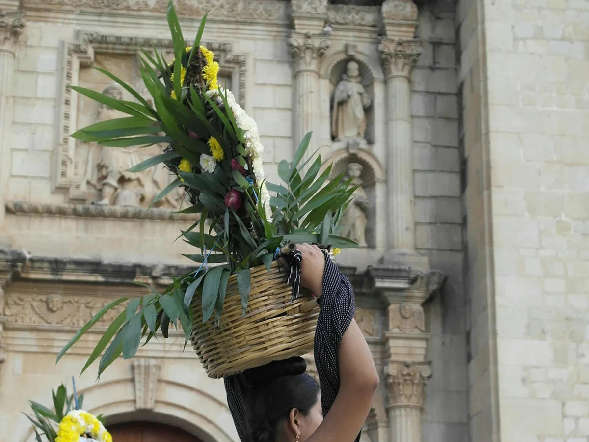 A traditional flower basket carried through the streets of Oaxaca, Mexico