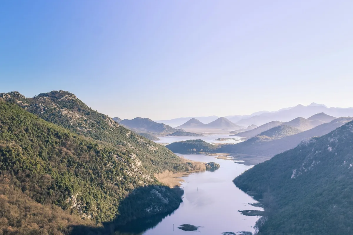 Lake Skadar surrounded by mountains in Montenegro