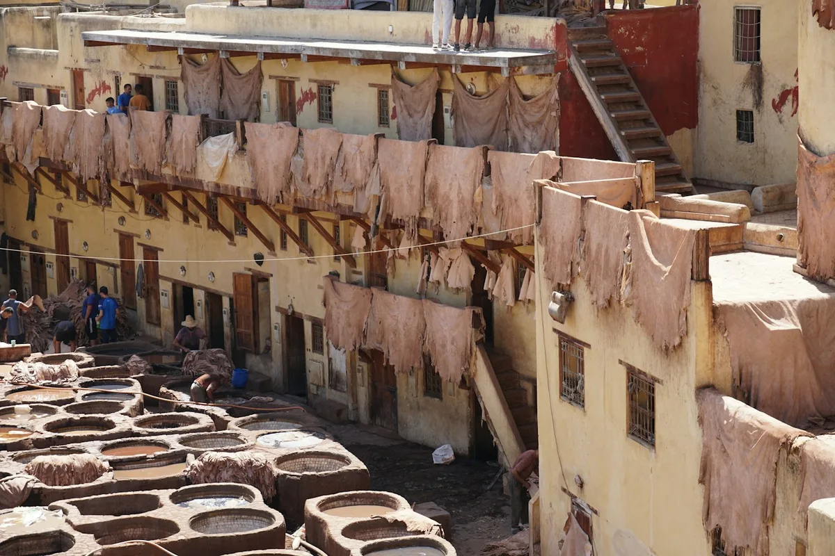 Leather hides drying at the traditional tanneries of Fes, Morocco