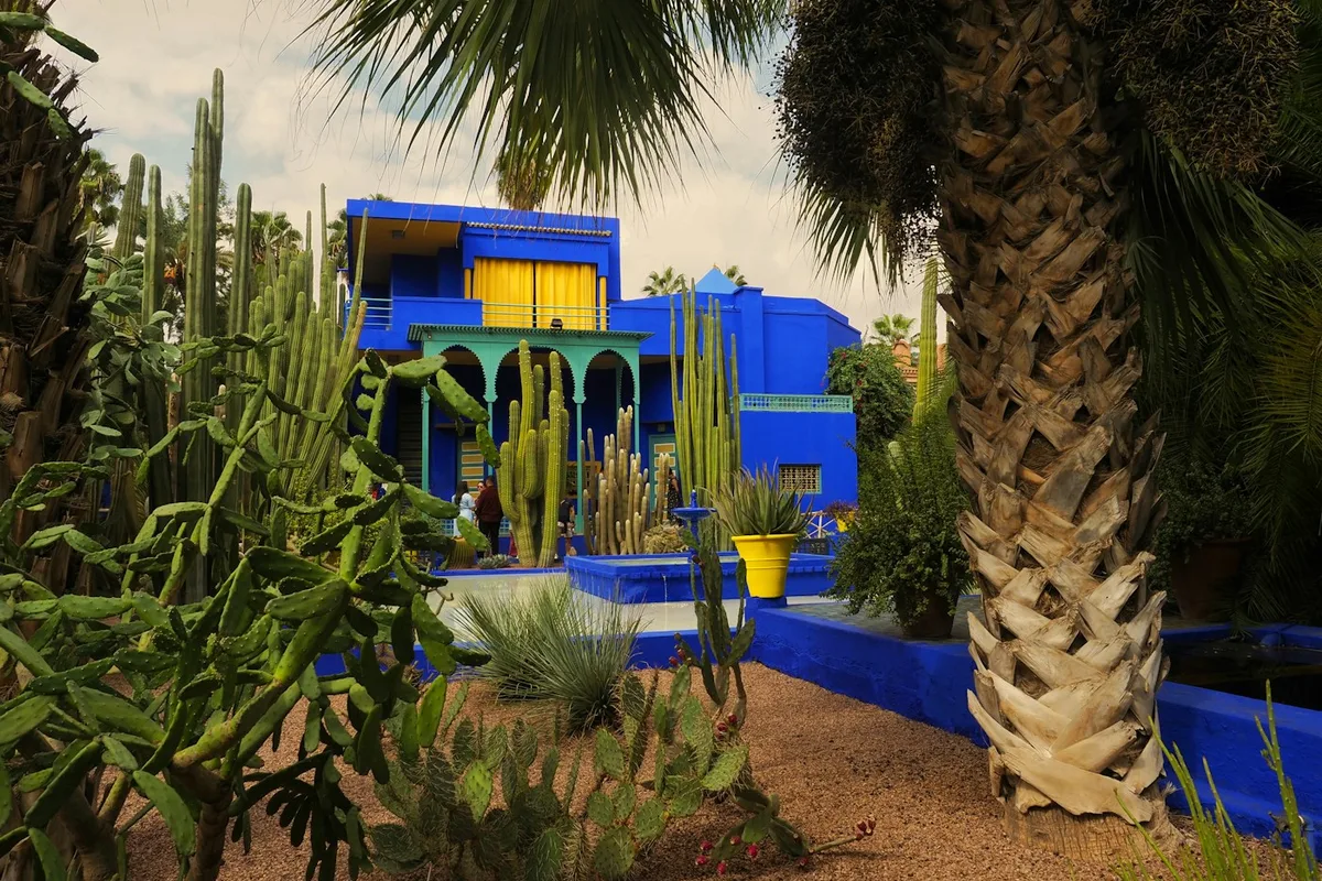 The cobalt-blue villa and gardens of Jardin Majorelle in Marrakech, Morocco