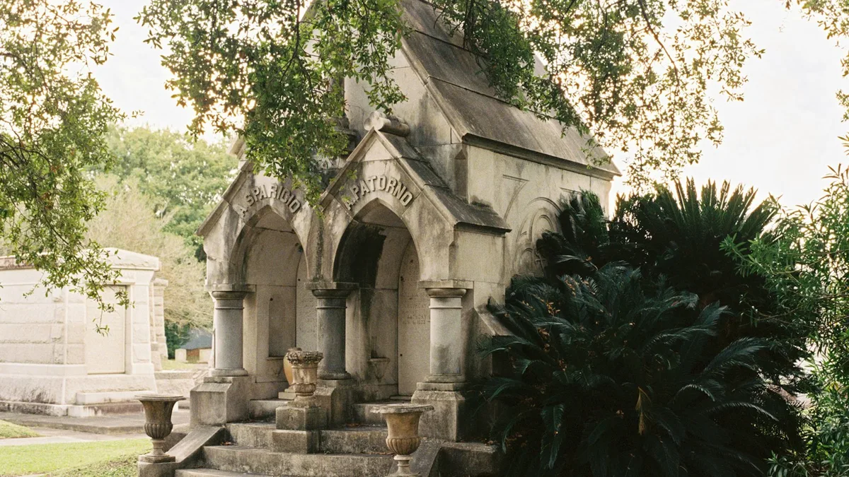 Ornate above-ground tombs in a historic cemetery