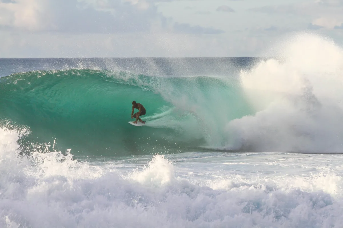 Surfers carrying their boards along a tropical beach