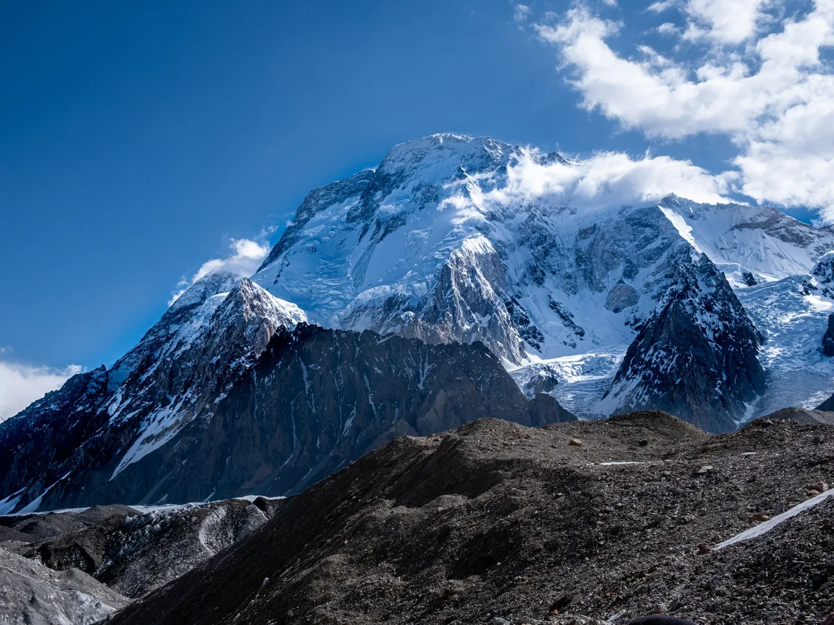 Broad Peak rising above the Baltoro Glacier in Pakistan's Karakoram range